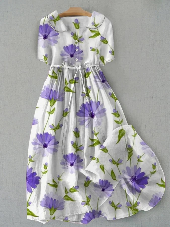 Sage™ | Retro Snøring Midje Halv Erme Blomsterkjole